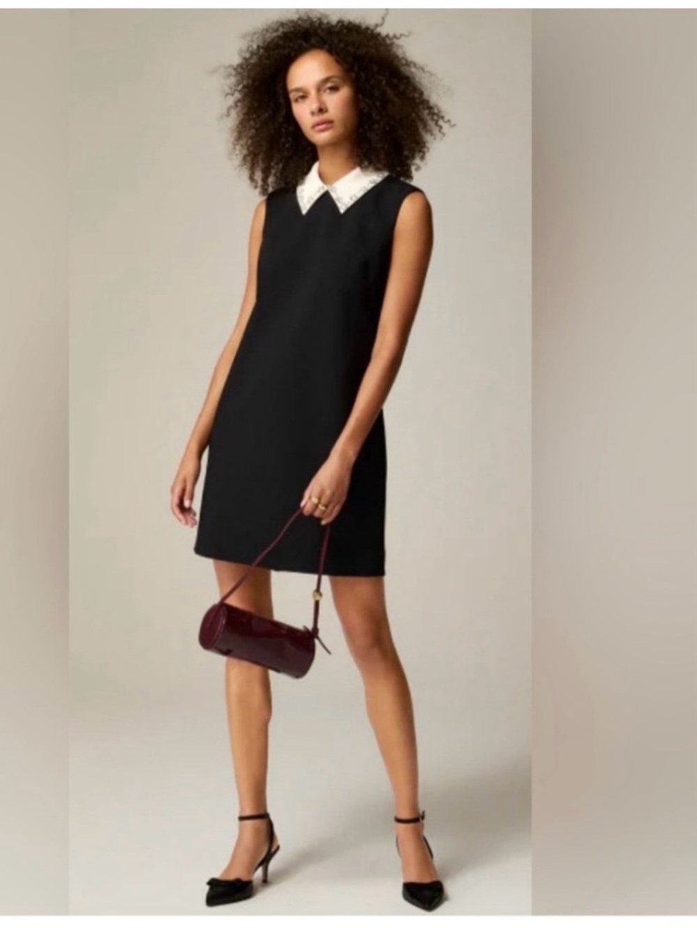 J. Crew Black Sleeveless Shift Dress with Embellished White Collar - Picture 2 of 5